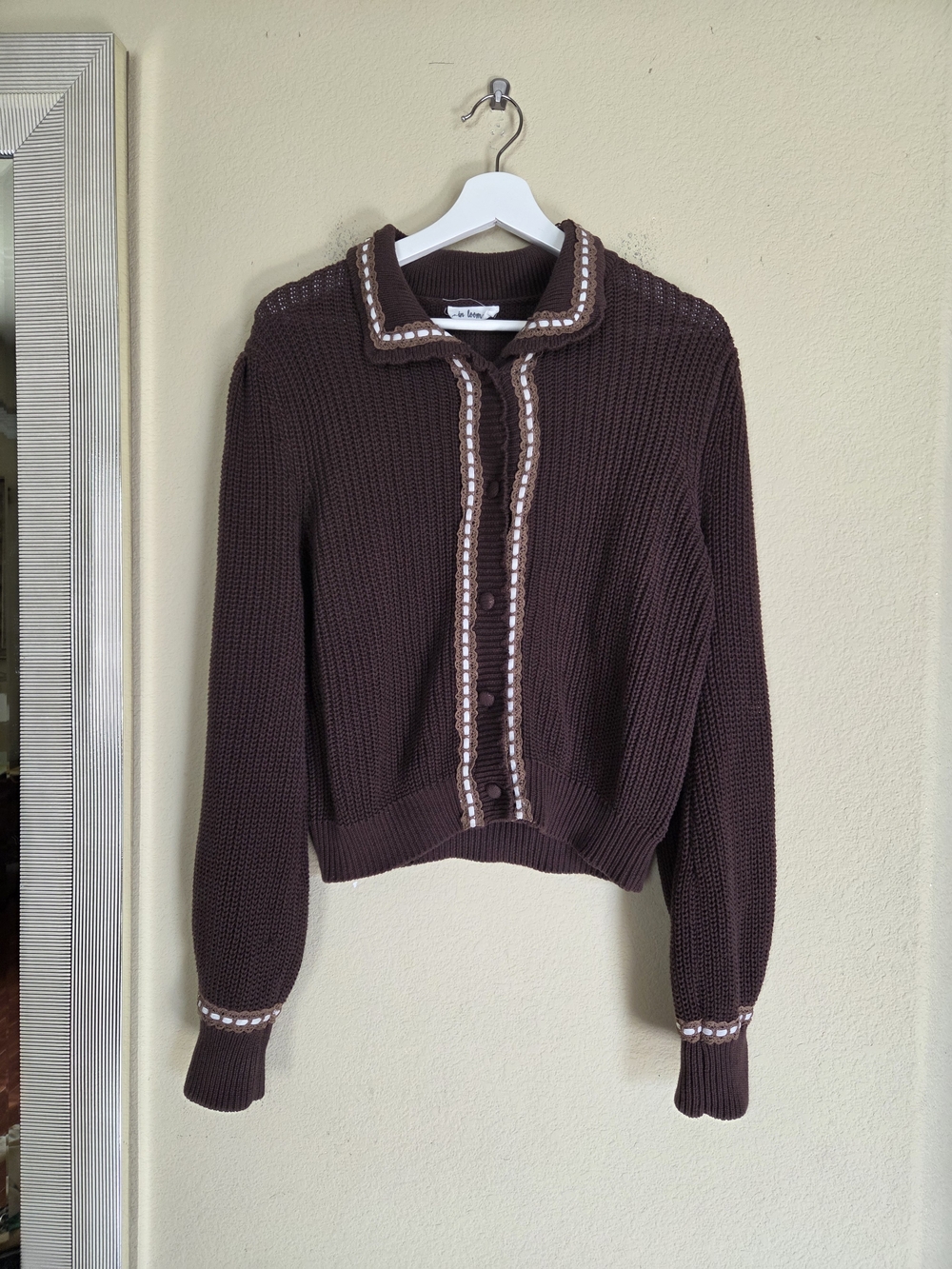 Chunky Knit Cotton Cardigan Chocolate Brown with Contrast Trim Vintage Style